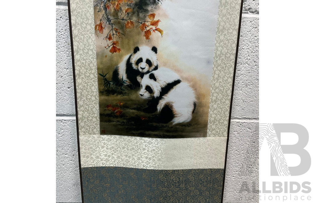 Two Chinese Culture Style Wall Art Hangings (Silk Panda Scroll & Prosperous Year Painting)