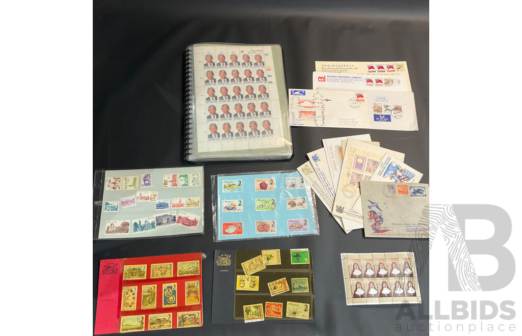 Used Envelope and Stamp Album Including South Africa, Mauritius, Aitutaki, and More