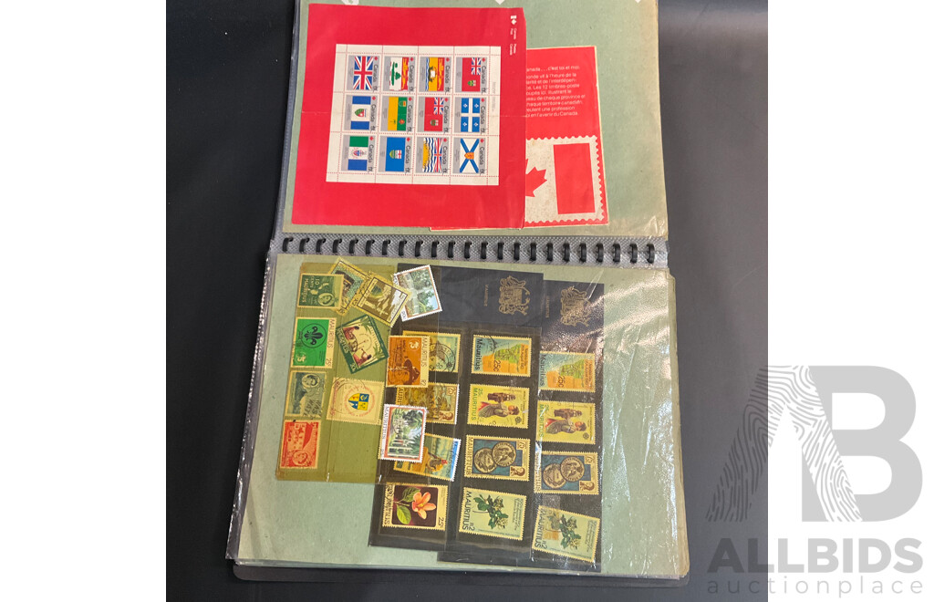 Used Envelope and Stamp Album Including South Africa, Mauritius, Aitutaki, and More