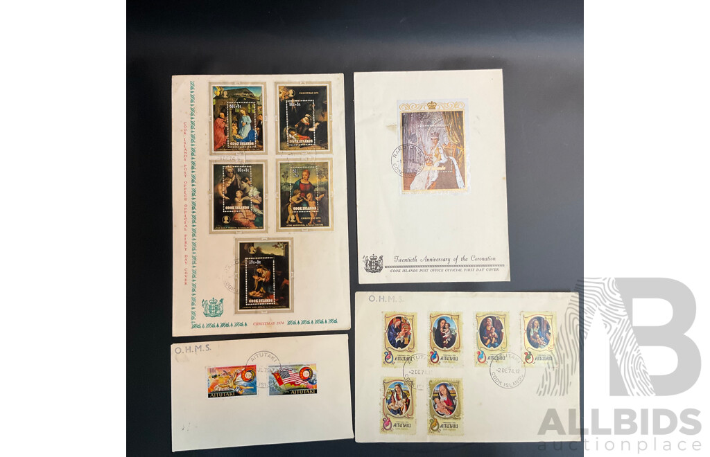 Used Envelope and Stamp Album Including South Africa, Mauritius, Aitutaki, and More