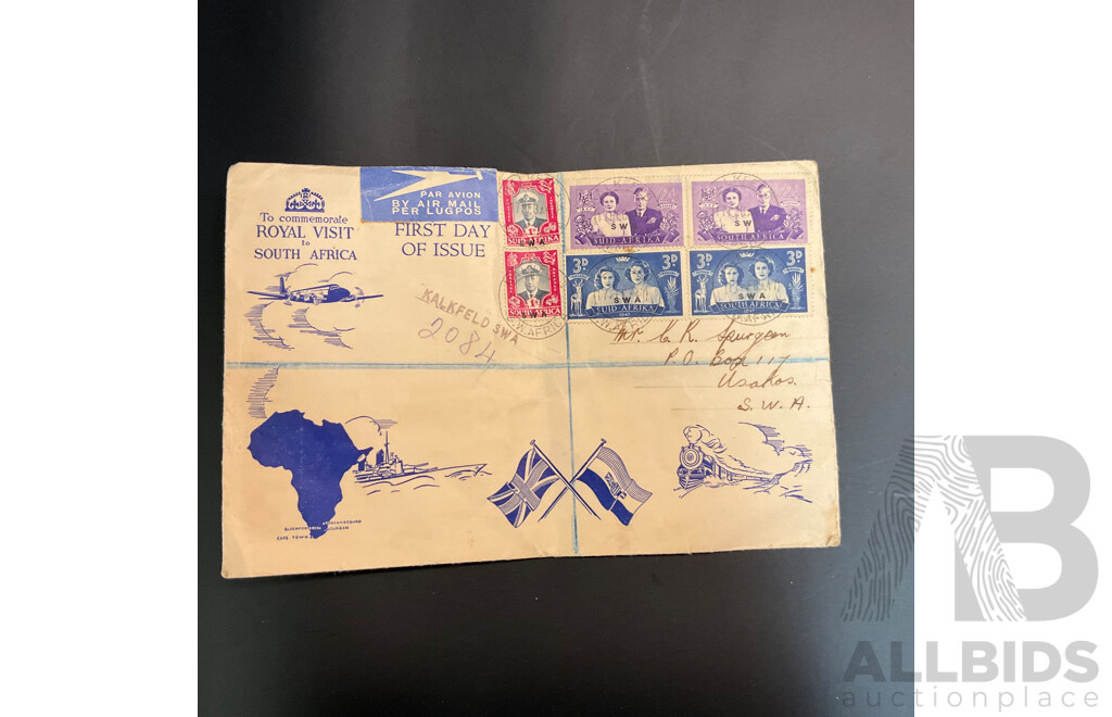 Used Envelope and Stamp Album Including South Africa, Mauritius, Aitutaki, and More