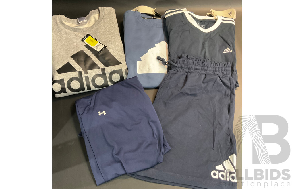 Assorted Adidas, Under Armour Apparels - Sizes M, L, XL - Lot of 5
