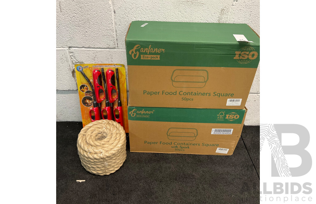 2 Boxes of Paper Food Containers with Spork 50PCS & Flexi Gas Lighters 5 Pack & Natural Sisal Rope