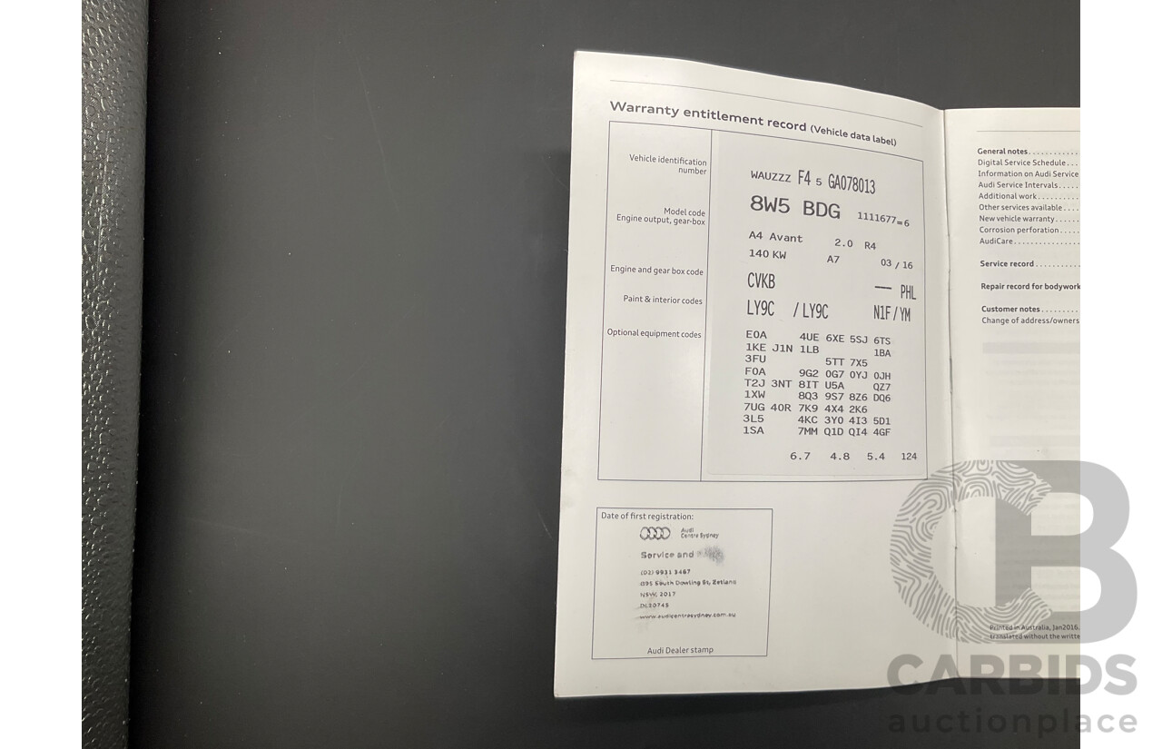 10/2016 Audi A4 Avant 2.0 TFSI S-Tronic Sport (FWD) F4 (B9) 4d Wagon Glacier White Turbo 2.0L