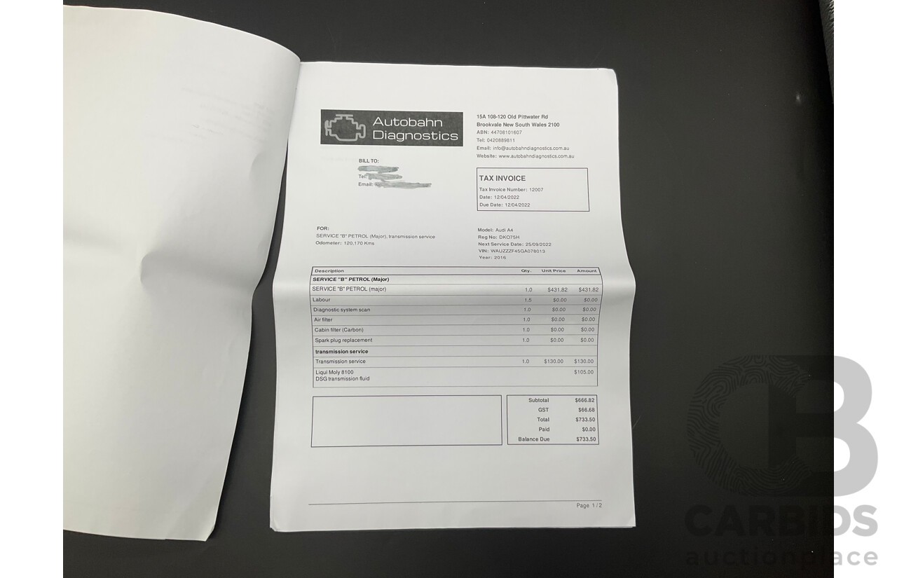 10/2016 Audi A4 Avant 2.0 TFSI S-Tronic Sport (FWD) F4 (B9) 4d Wagon Glacier White Turbo 2.0L