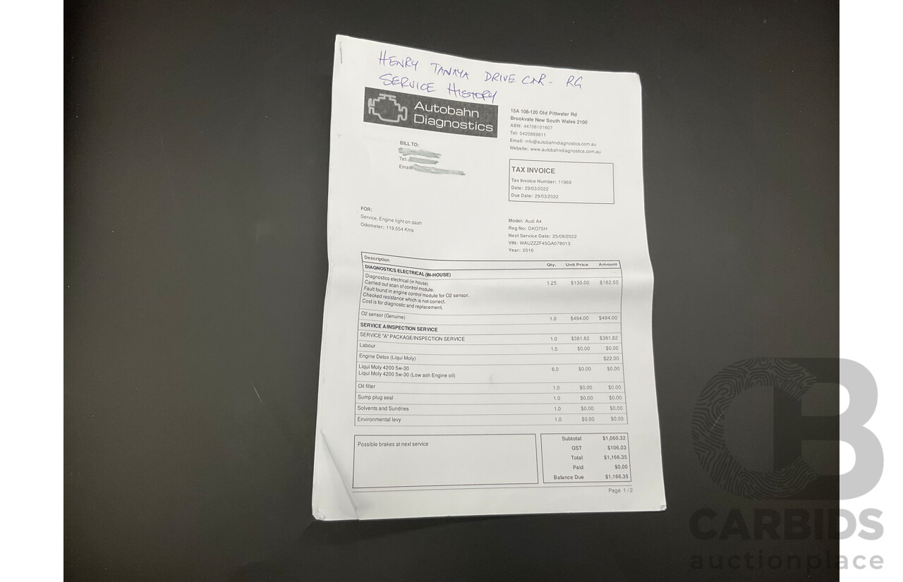 10/2016 Audi A4 Avant 2.0 TFSI S-Tronic Sport (FWD) F4 (B9) 4d Wagon Glacier White Turbo 2.0L