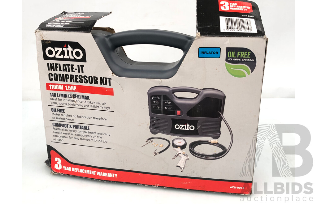 Ozito 1100 Watt Electric Inflate-It Compressor Kit - New