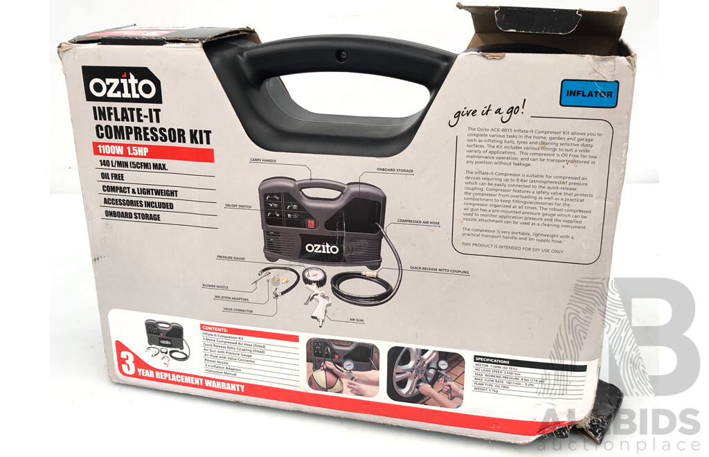 Ozito 1100 Watt Electric Inflate-It Compressor Kit - New