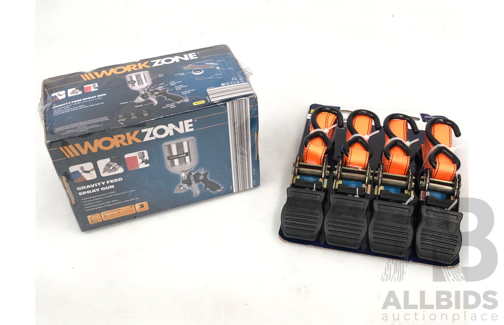 Workzone Gravity Feed Spray Gun and Syneco Four Piece Ratchet Tie Down Set - Brand New