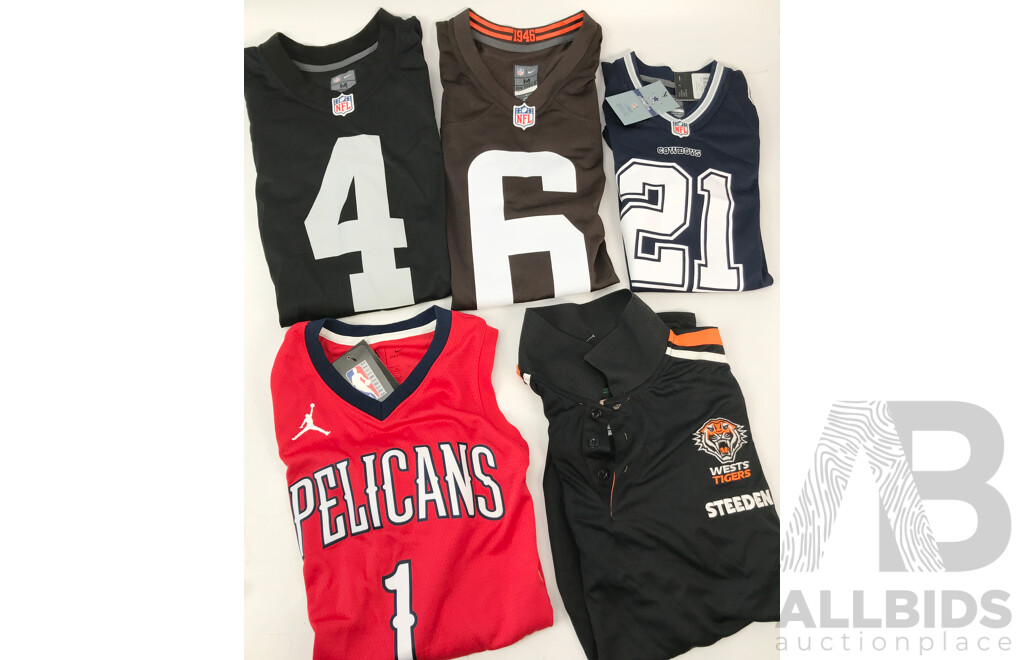 Assorted NFL, NBA, and NRL Jerseys and Tops (Adult and Kids Sizes) - Lot of 5