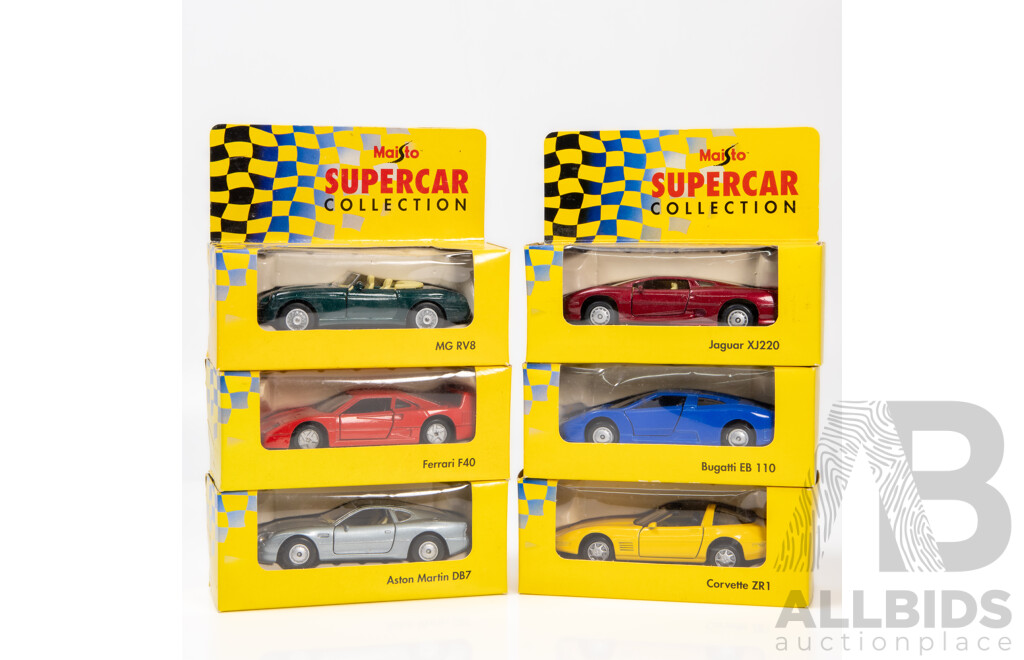 Maisto Early 90's Release - Supercar Collection, Six Cars, Bugatti, Jaguar, Ferrari, Aston Martin, MG, Chevrolet 1:43 Scale Model Cars - NOS
