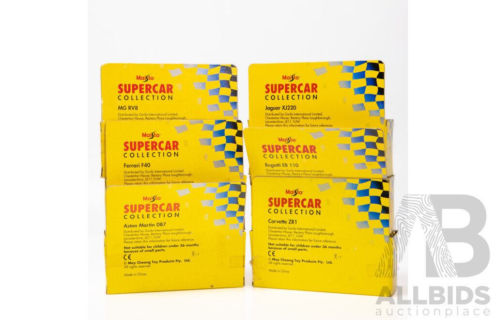 Maisto Early 90's Release - Supercar Collection, Six Cars, Bugatti, Jaguar, Ferrari, Aston Martin, MG, Chevrolet 1:43 Scale Model Cars - NOS