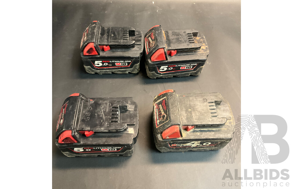 Three Milwaukee M18B5 18V 5.0Ah Li-Ion RED LITHIUM Battery with 1x 4.0Ah  M18 Battery - Lot of 4