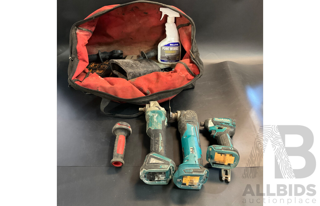 Three Makita Power Tools with Hand Tools in Milwaukee Carry Bag