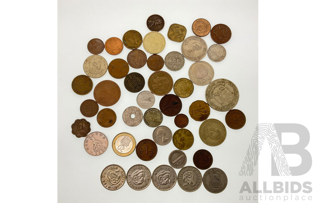 Collection of Vintage International Coins Including Four Australian Silver 1961 Shillings, United Kingdom 1929 One Shilling, New Zealand 1933 Sixpence, USA 1926 Dime, 1872 One Cent