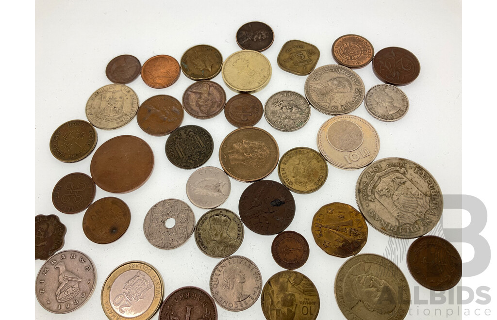 Collection of Vintage International Coins Including Four Australian Silver 1961 Shillings, United Kingdom 1929 One Shilling, New Zealand 1933 Sixpence, USA 1926 Dime, 1872 One Cent