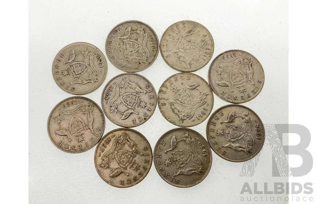 Ten Australian KGVI/QE2 Silver Sixpence, Examples Spanning 1946 to 1963  .500