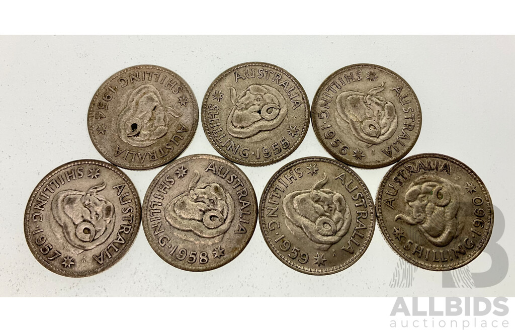 Seven Australian QE2 Silver Shillings, Consecutive 1954 to 1960  .500