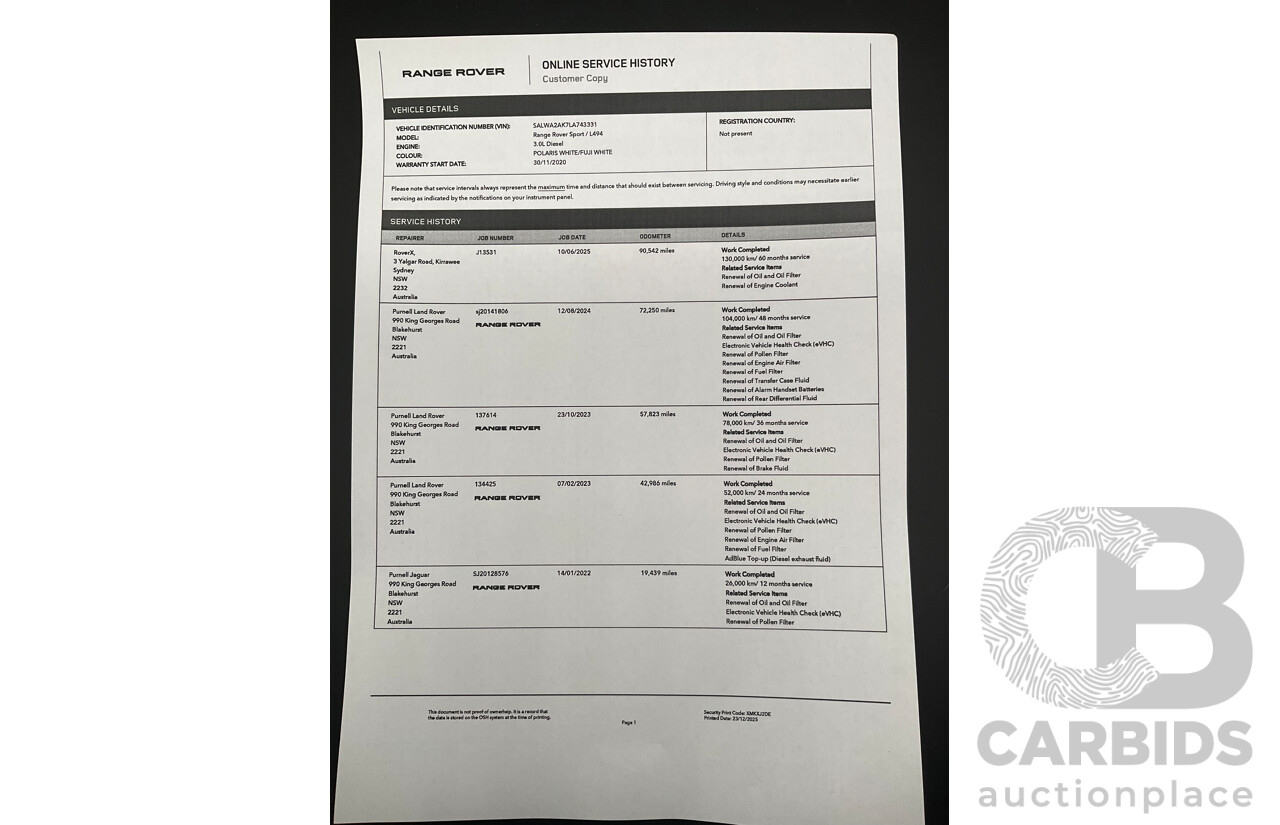09/2020 Land Rover Range Rover Sport SDV6 HSE Dynamic (225kW AWD) L494 MY20.5 4d Wagon Fuji White Turbo Diesel V6 3.0L