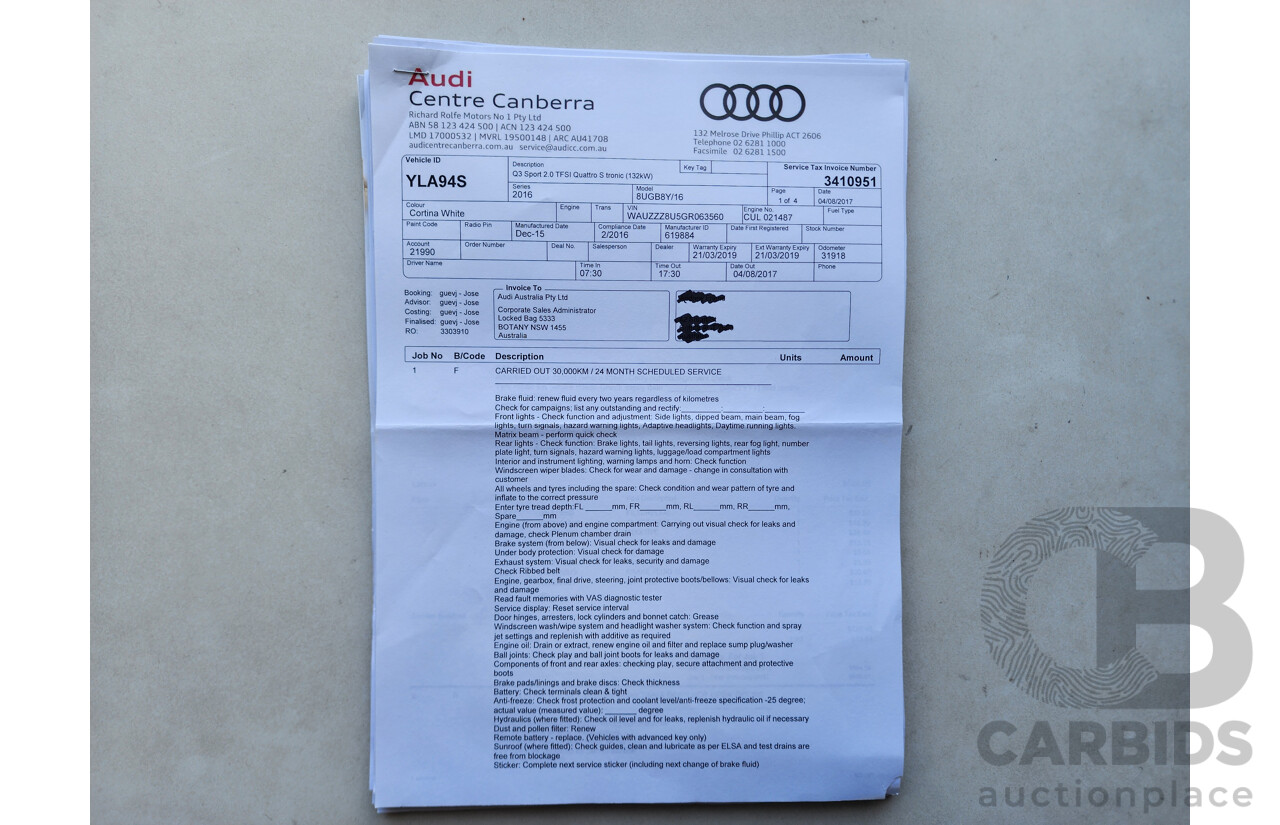 2/2016 Audi Q3 2.0 TFSI Sport Quattro (132kw) 8U MY16 4d Wagon White 2.0L