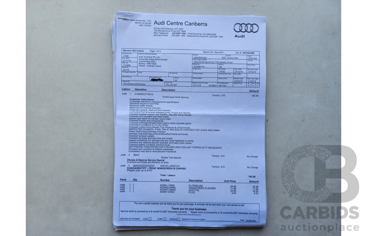 2/2016 Audi Q3 2.0 TFSI Sport Quattro (132kw) 8U MY16 4d Wagon White 2.0L