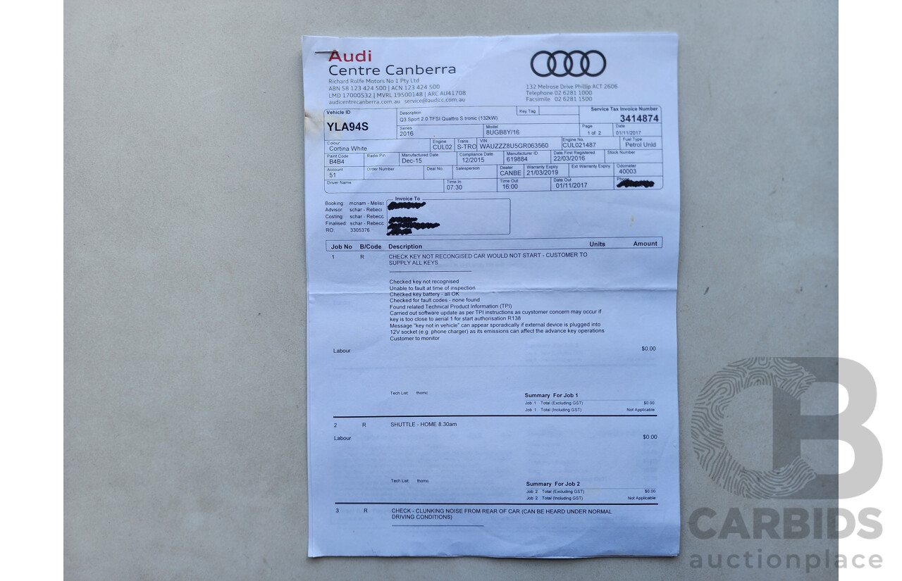 2/2016 Audi Q3 2.0 TFSI Sport Quattro (132kw) 8U MY16 4d Wagon White 2.0L