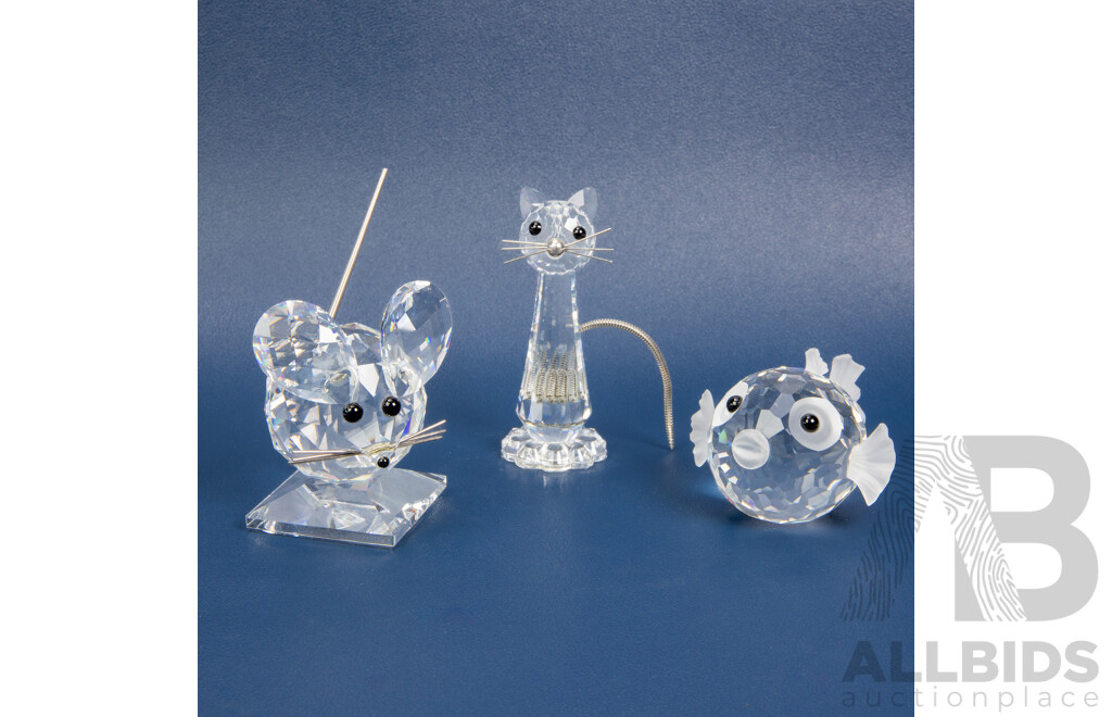 Collection of Three Swarovski Animal Figures Including a Standing Cat, a Mouse and a Goldfish