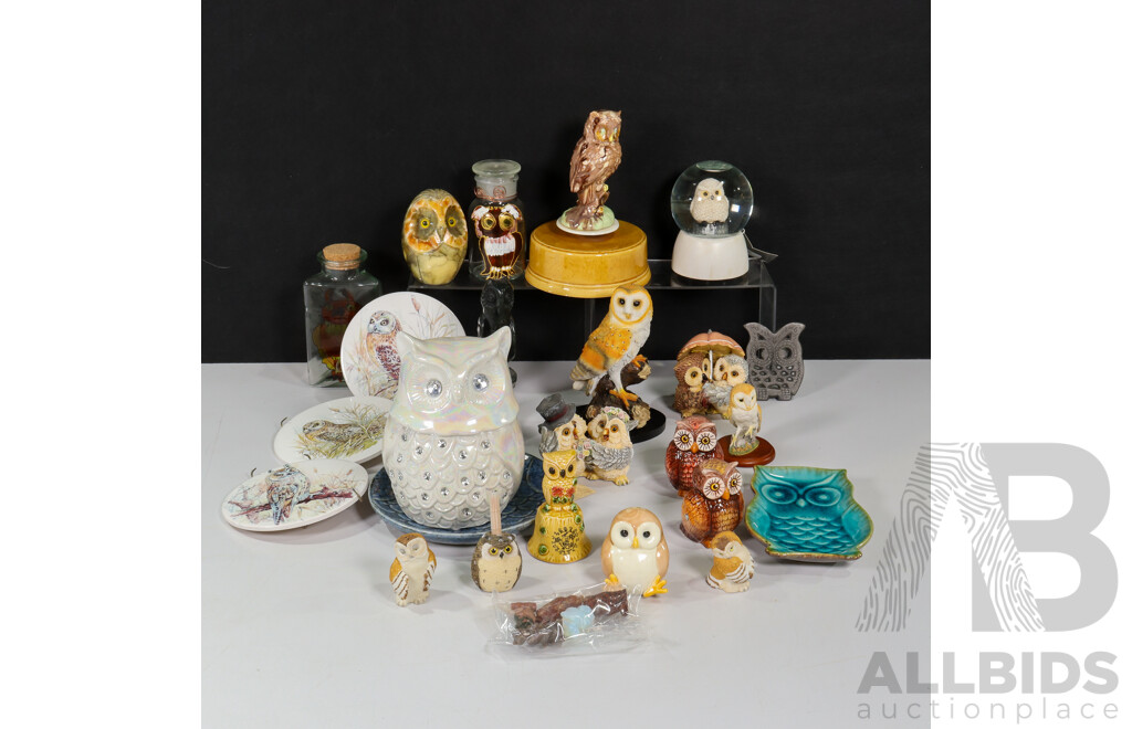 Collection of Owl Themed Items Including Plates, Glass, Stone Resin Statues, Ceramic and Snow Globe Music Boxes, Iron Trivet, Glass Jars