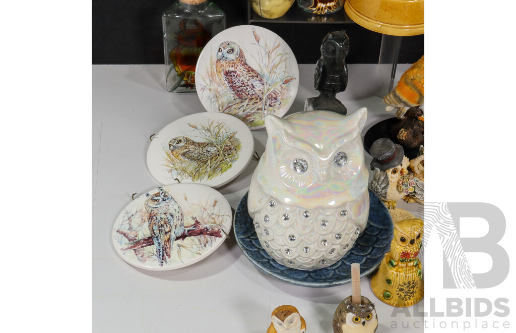 Collection of Owl Themed Items Including Plates, Glass, Stone Resin Statues, Ceramic and Snow Globe Music Boxes, Iron Trivet, Glass Jars