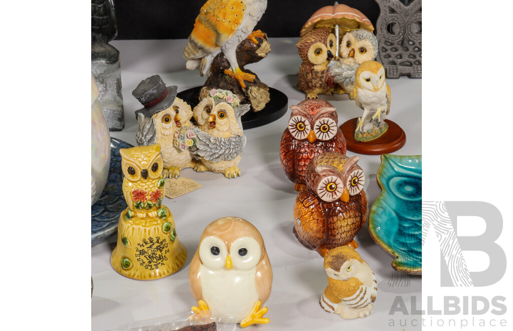 Collection of Owl Themed Items Including Plates, Glass, Stone Resin Statues, Ceramic and Snow Globe Music Boxes, Iron Trivet, Glass Jars