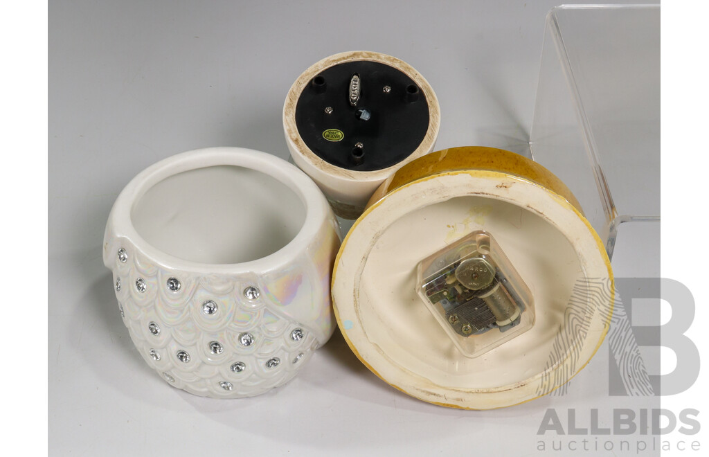 Collection of Owl Themed Items Including Plates, Glass, Stone Resin Statues, Ceramic and Snow Globe Music Boxes, Iron Trivet, Glass Jars