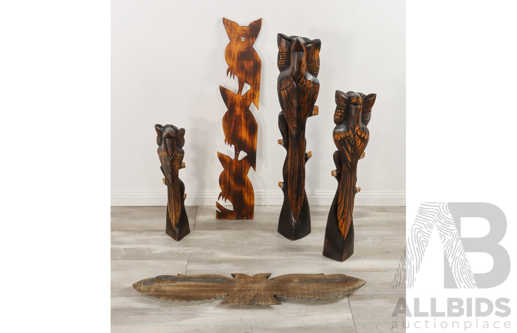 Five Large Carved Timber Owl Sculptures and Hangers