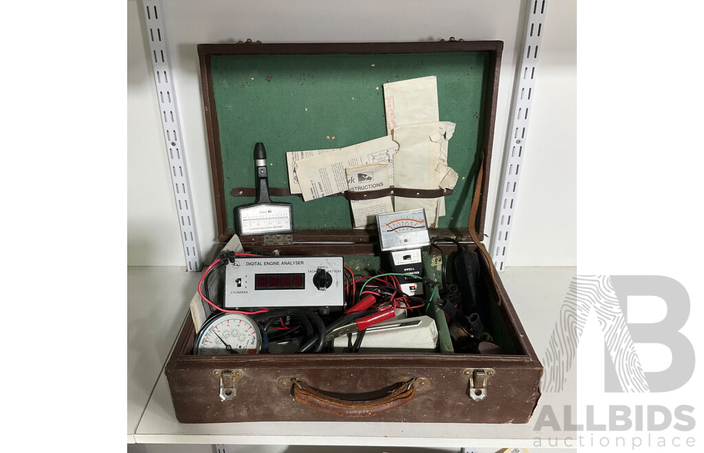 Vintage Automotive Analysis and Tuning Equipment Including Dwell/Tacho/volt Meter, Hawk Compression Tester and Vacuum Gauge, Timing Gun and Bung Hose Plugs