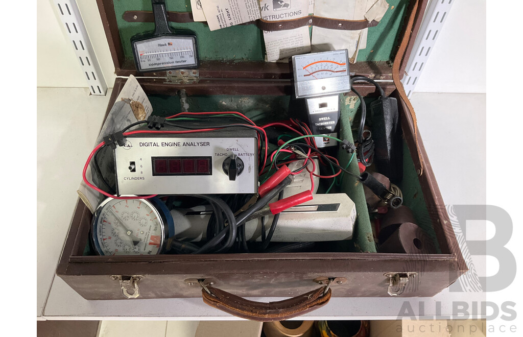 Vintage Automotive Analysis and Tuning Equipment Including Dwell/Tacho/volt Meter, Hawk Compression Tester and Vacuum Gauge, Timing Gun and Bung Hose Plugs