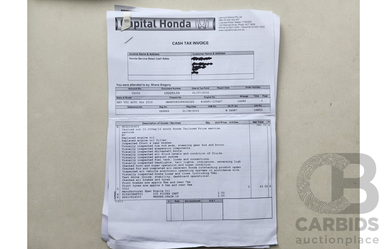 5/2015 Honda Hr-V VTi  4d Wagon White 1.8L