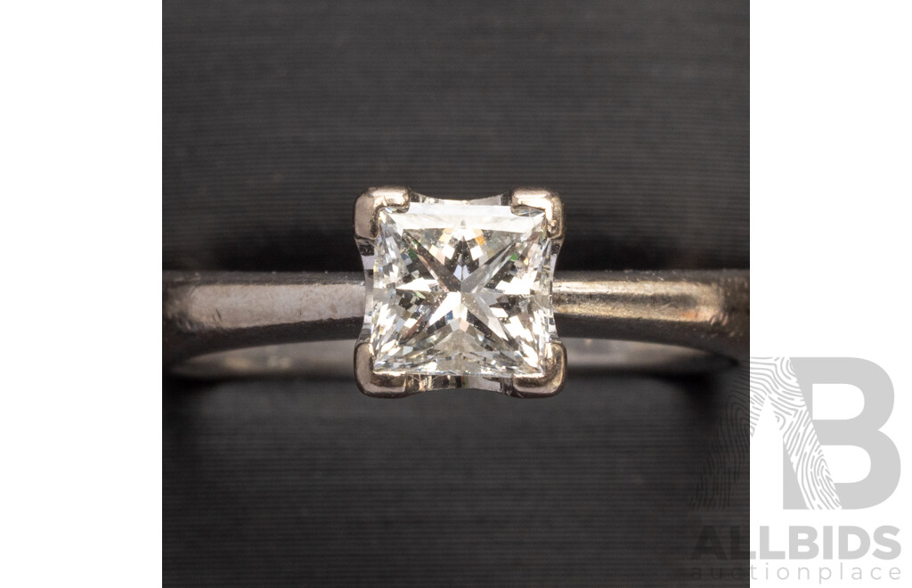 18ct White Gold Solitaire Natural Princess Cut Engagement Ring, Size L.5. Total Weight - 4.12gms