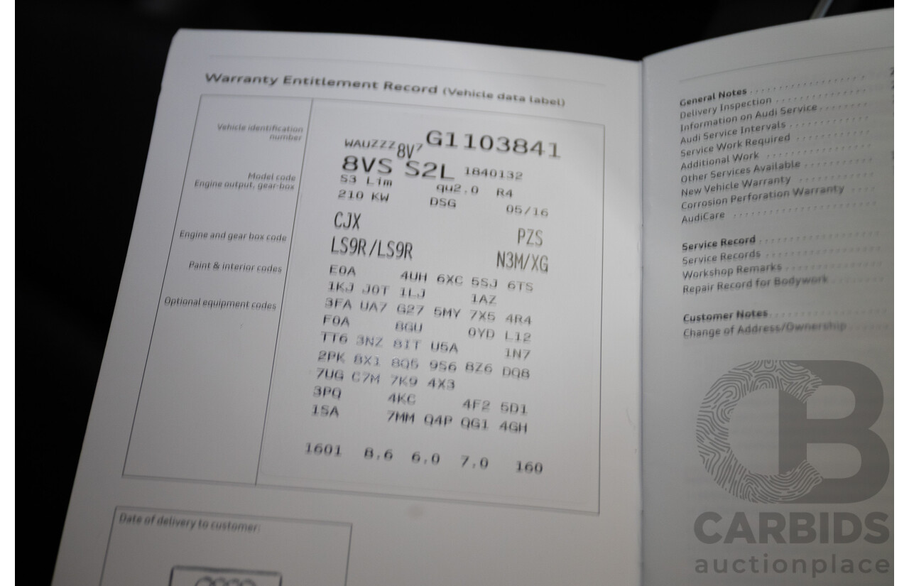 7/2016 Audi S3 2.0 TFSI Quattro (AWD) 8V MY15 4D Sedan Glacier White Turbo 2.0L