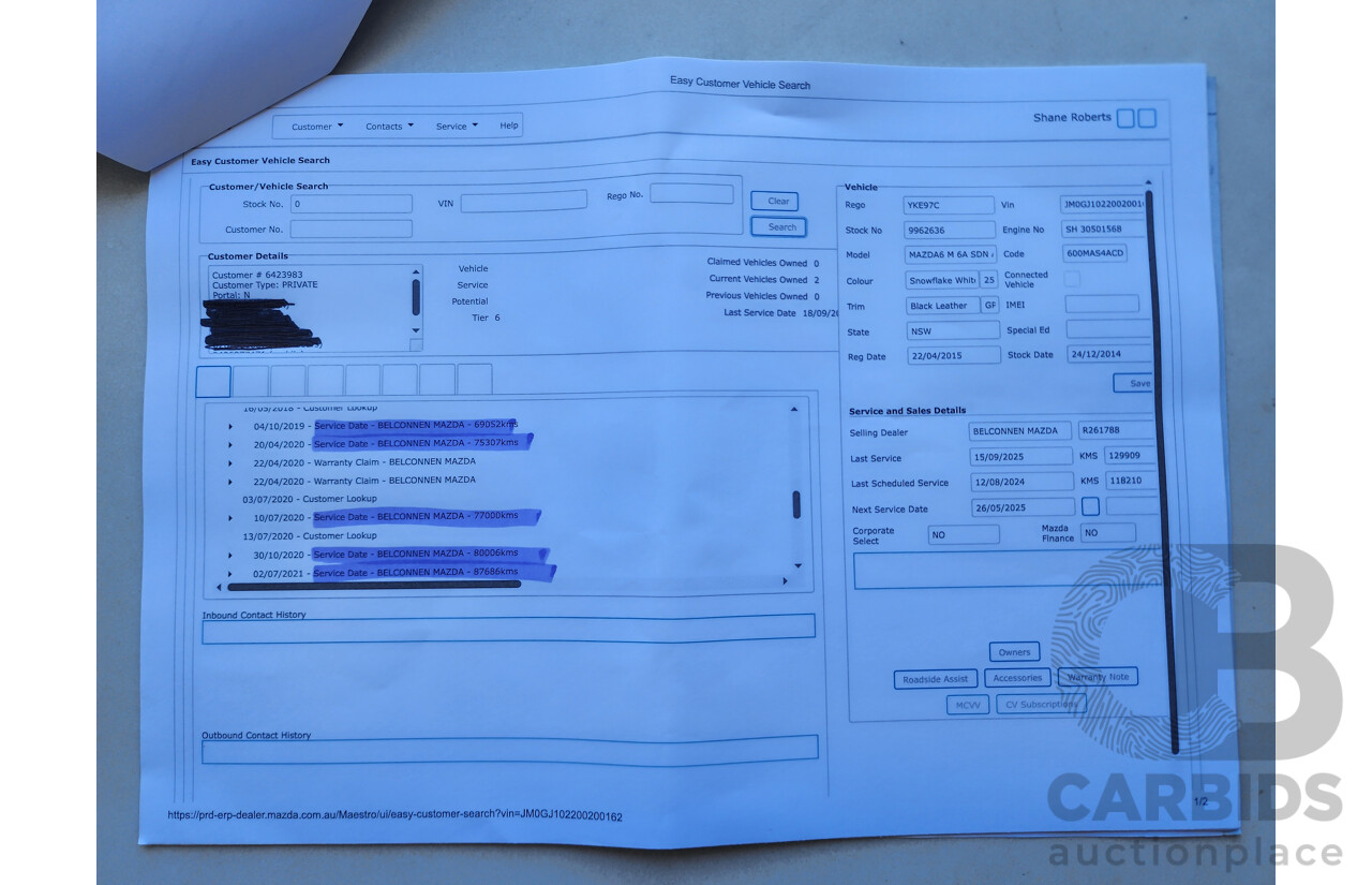 12/2014 Mazda Mazda6 Atenza 6C 4d Sedan White 2.2L