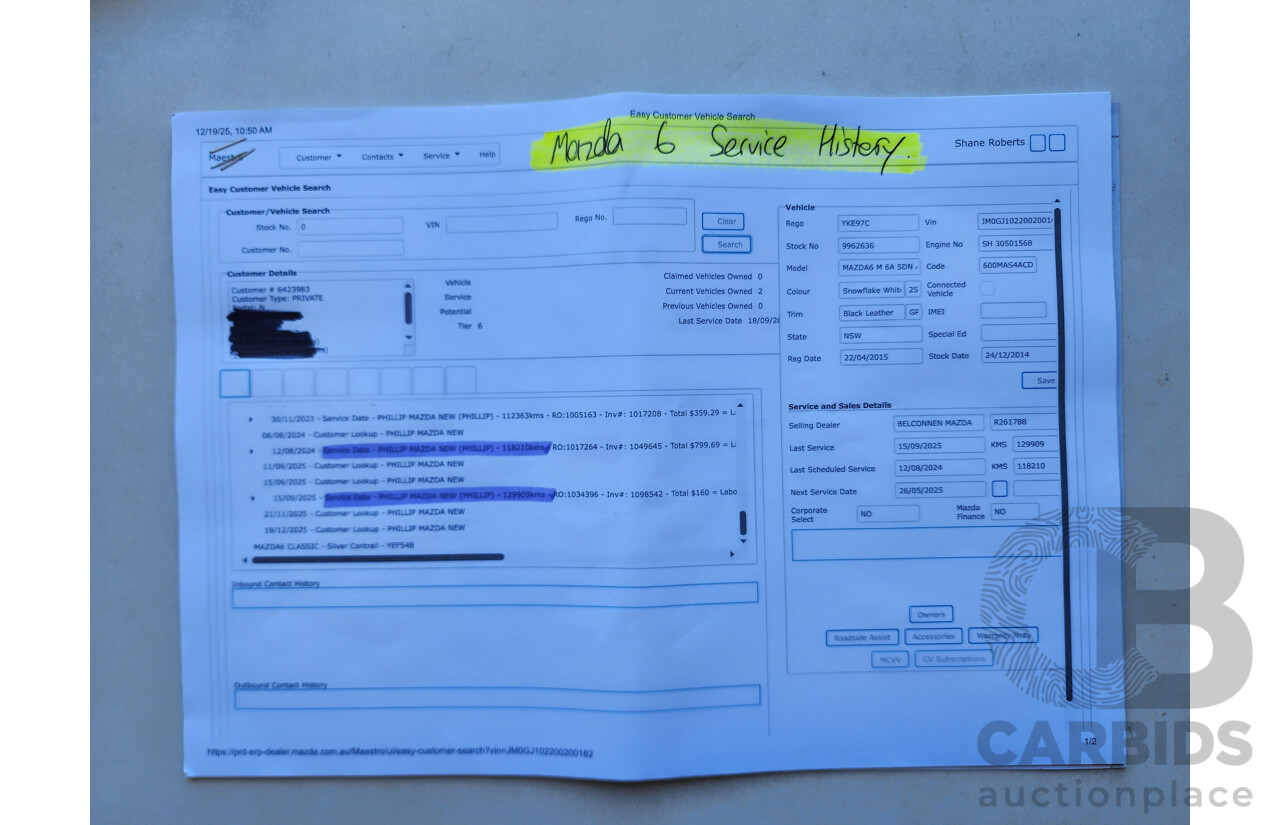 12/2014 Mazda Mazda6 Atenza 6C 4d Sedan White 2.2L