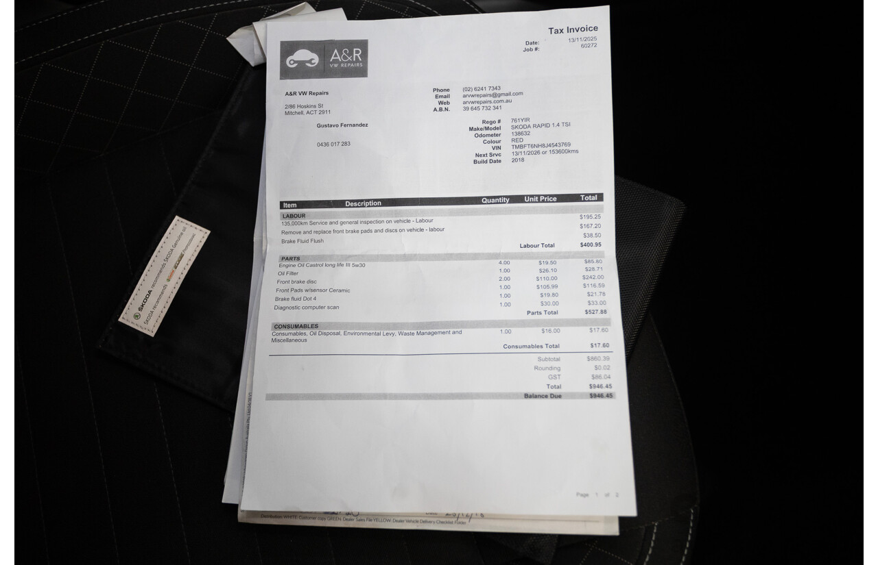 03/2018 Skoda Rapid  92 TSI NH MY18 4D Wagon Corrida Red Turbo 1.4L