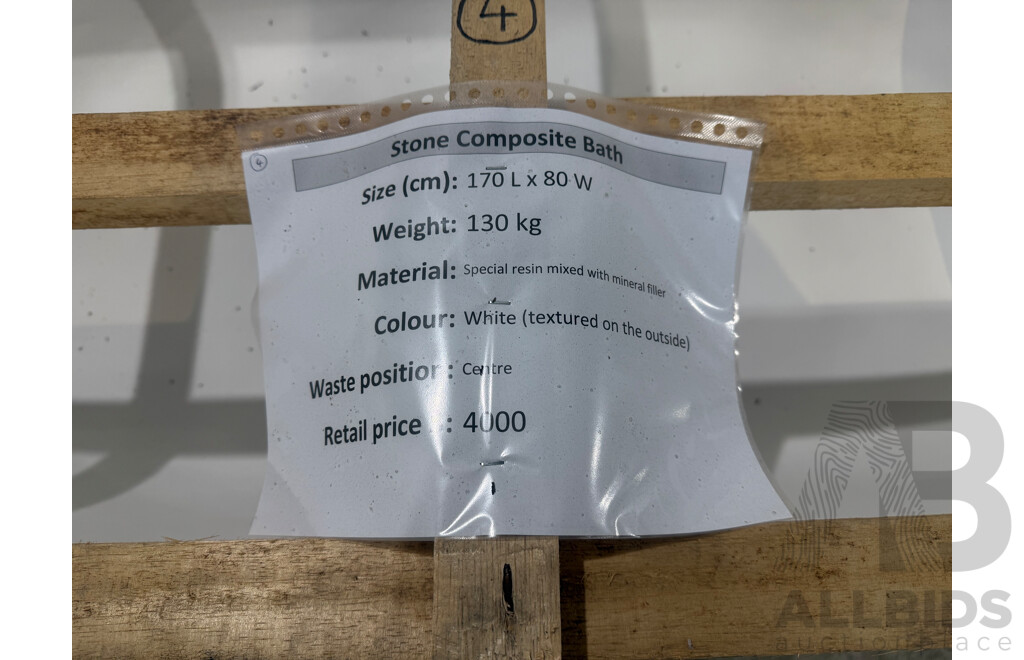 Stone Composite Bath - White  (170L X 80W ) - ORP $4,000.00