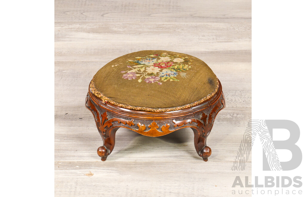 Victorian Oak Footstool with Tapestry Top