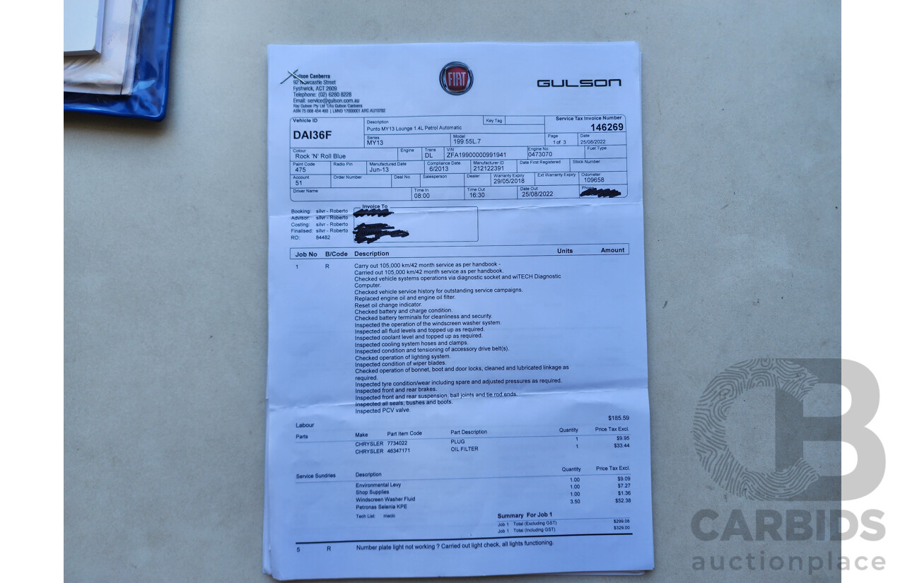 10/2013 Fiat Punto Lounge MY13 5d Hatchback Blue 1.4L