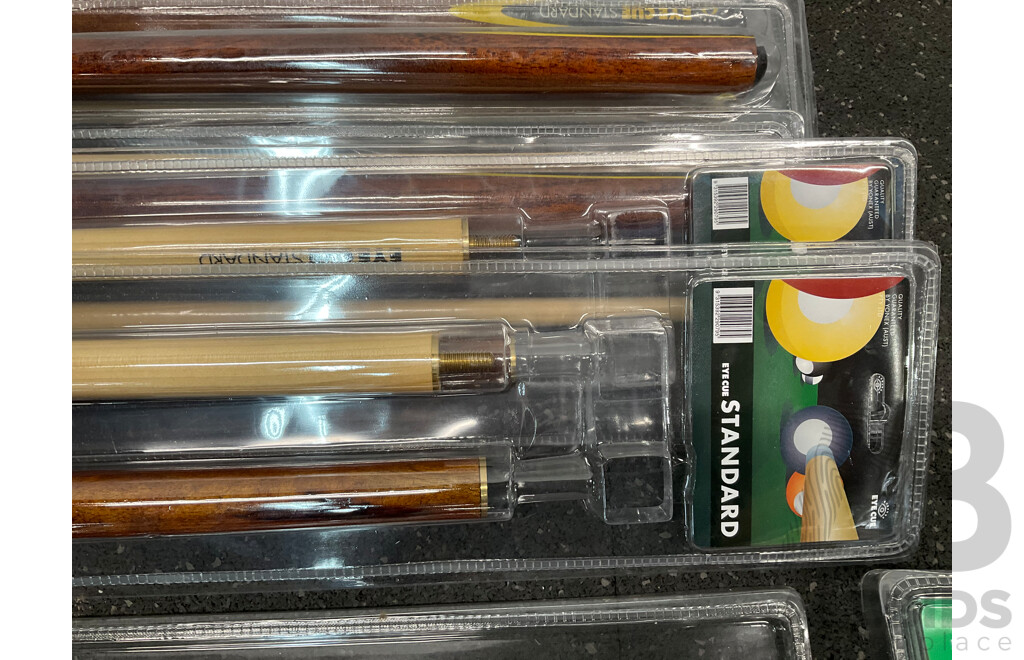 Assorted Billiard Equipment, Including EYECUE Standard Cue (x6) and More  - Lot of 13