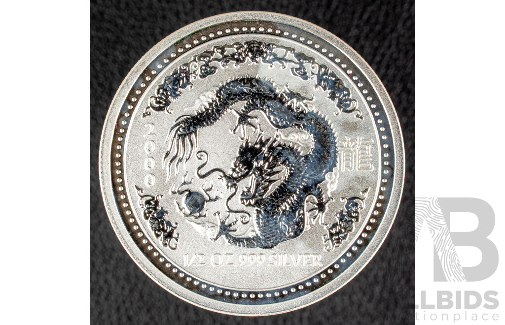 Australian Perth Mint 2000 Silver Fifty Cent Coin, Lunar Series I, Year of the Dragon .999