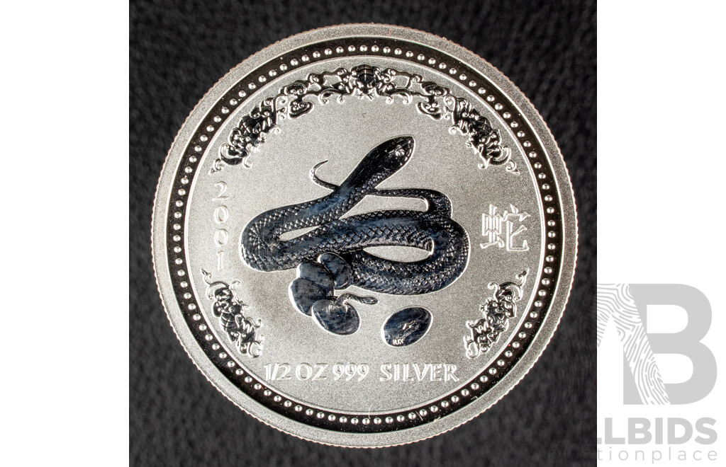 Australian Perth Mint 2001 Silver Fifty Cent Coin, Lunar Series I, Year of the Snake .999