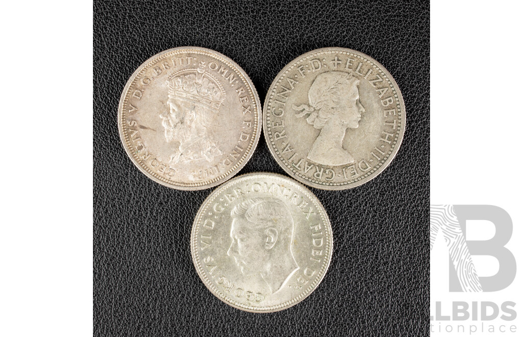Three Australian Silver Commemorative Florins Including 1927 Canberra, 1951 Federation, 1954 Royal Visit