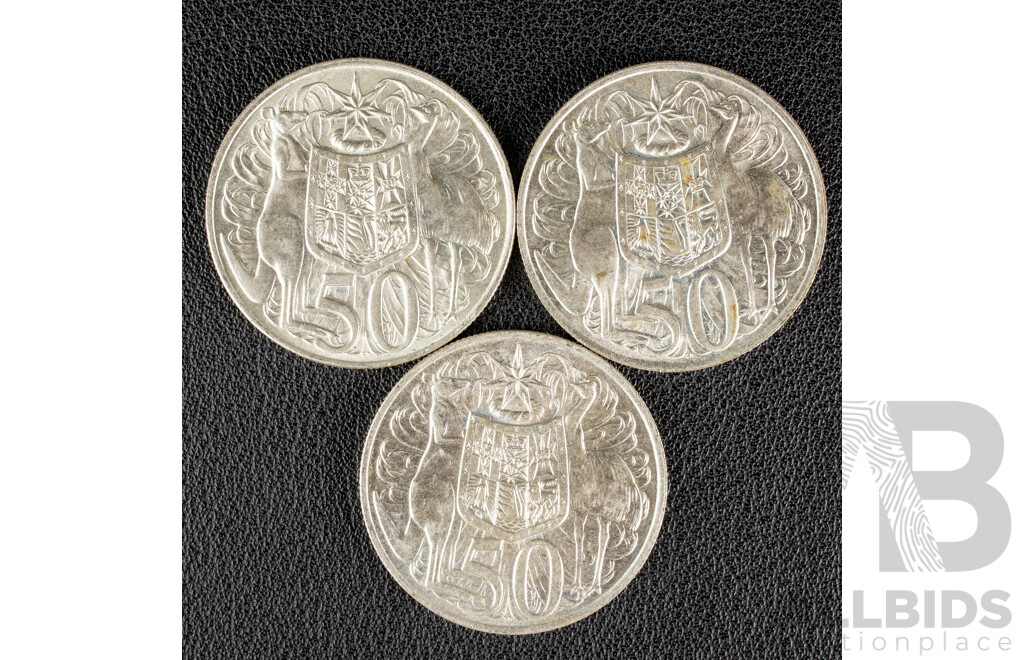 Three Australian 1966 Round Silver Fifty Cent Coins .800