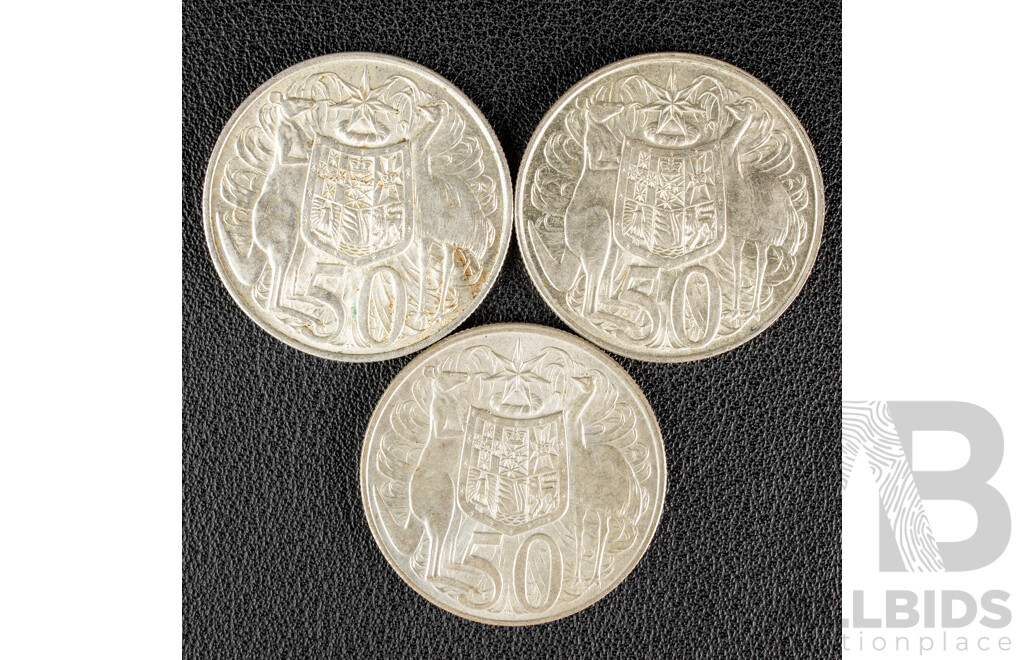 Three Australian 1966 Round Silver Fifty Cent Coins .800