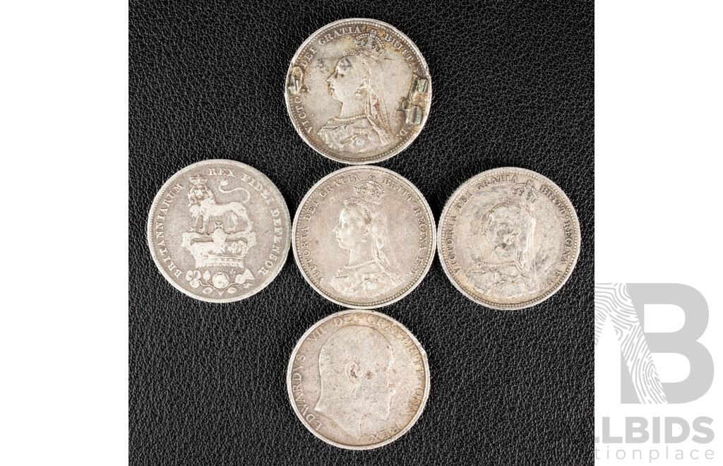 Five United Kingdom Silver Shillings Including 1826 KGIV,  Three 1887 QV, 1906 KEVII  .925